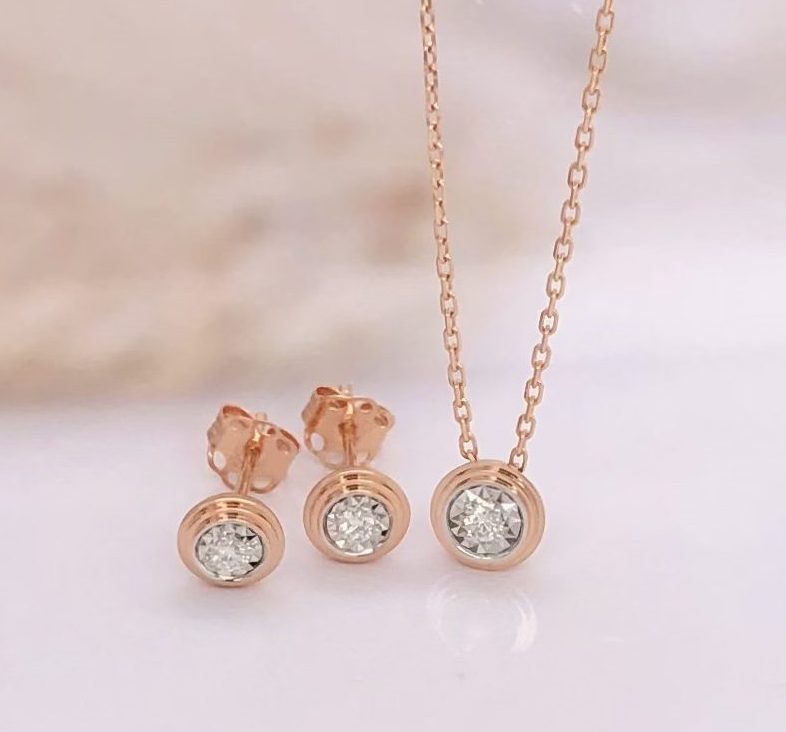 .065 CTW Diamond Necklace & Earrings Set 18k Twotone Gold JS48R