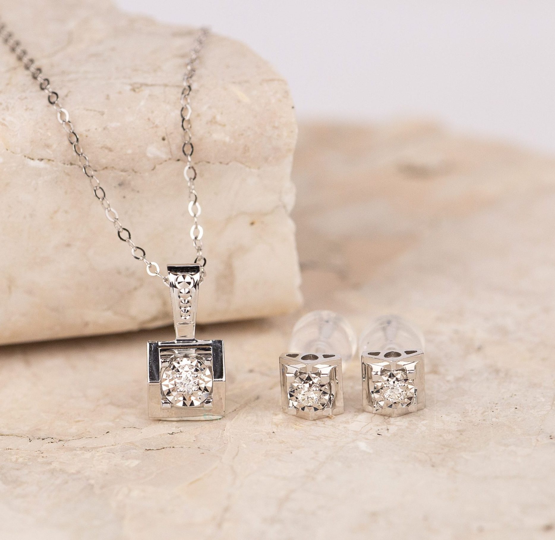 .055 CTW Diamond Necklace & Earrings Set 18k White Gold JS107W