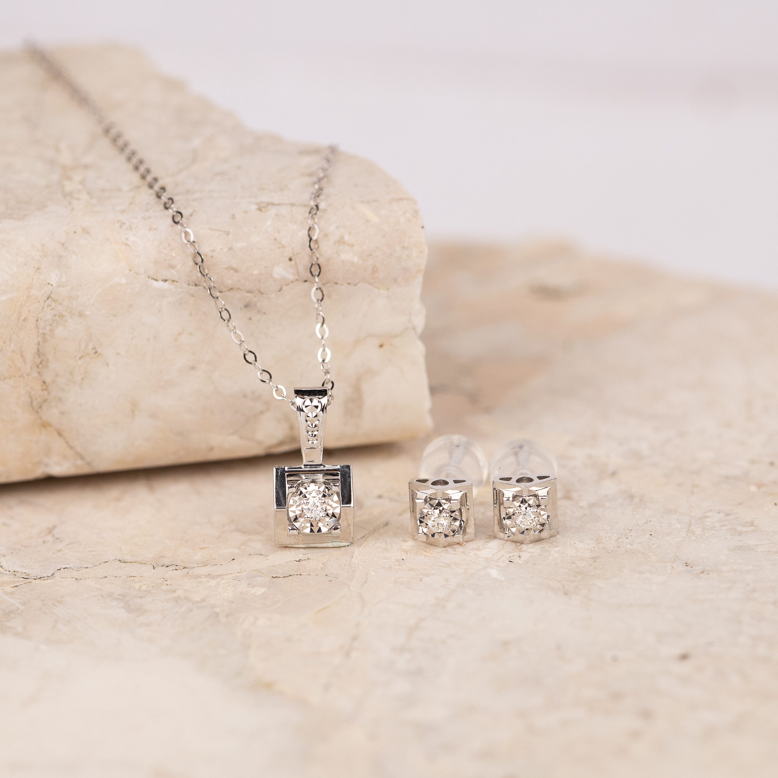 .055 CTW Diamond Necklace & Earrings Set 18k White Gold JS107W