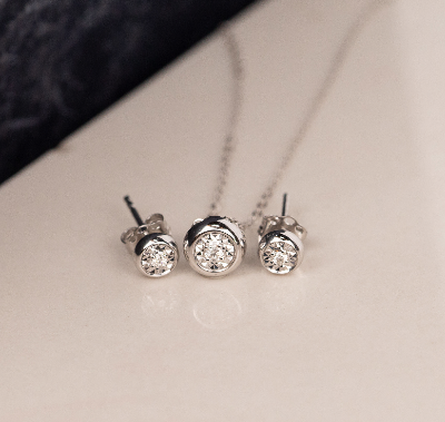 .055 Carat Diamond Necklace & Earrings Set 18k White Gold JS49W