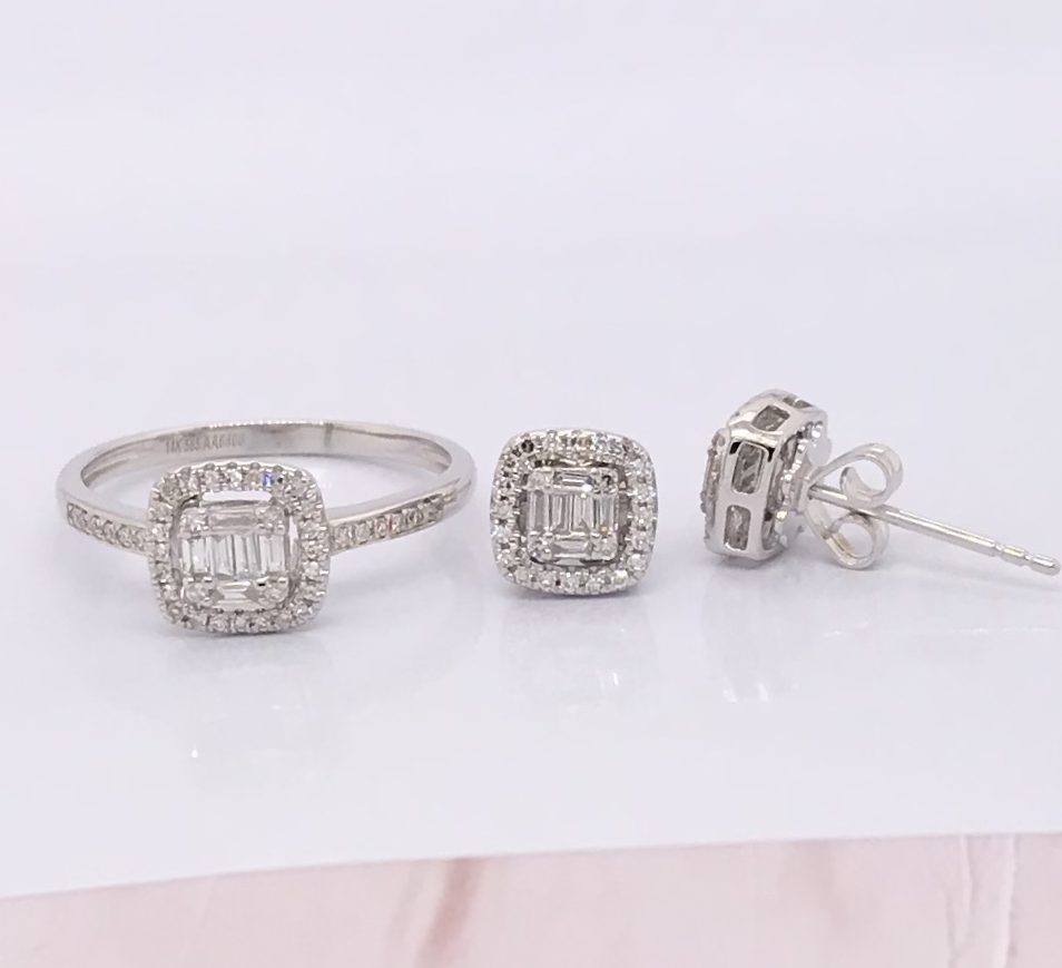 2.00 Carat Face Illusion Diamond Ring and Earrings Set 14k White Gold JS75