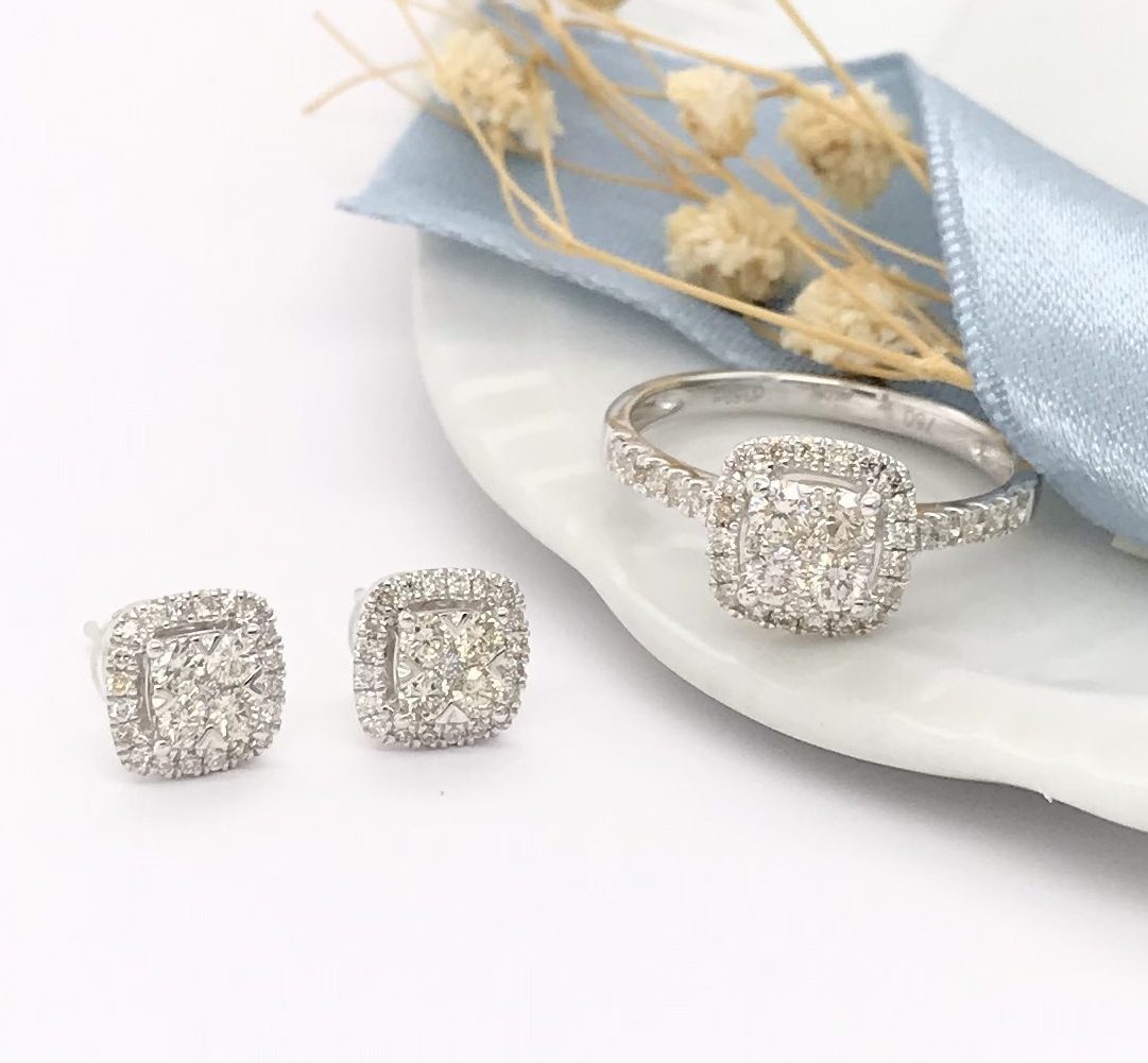 1.00 CTW Diamond Earrings & Ring Set 18k White Gold E223 & ER457