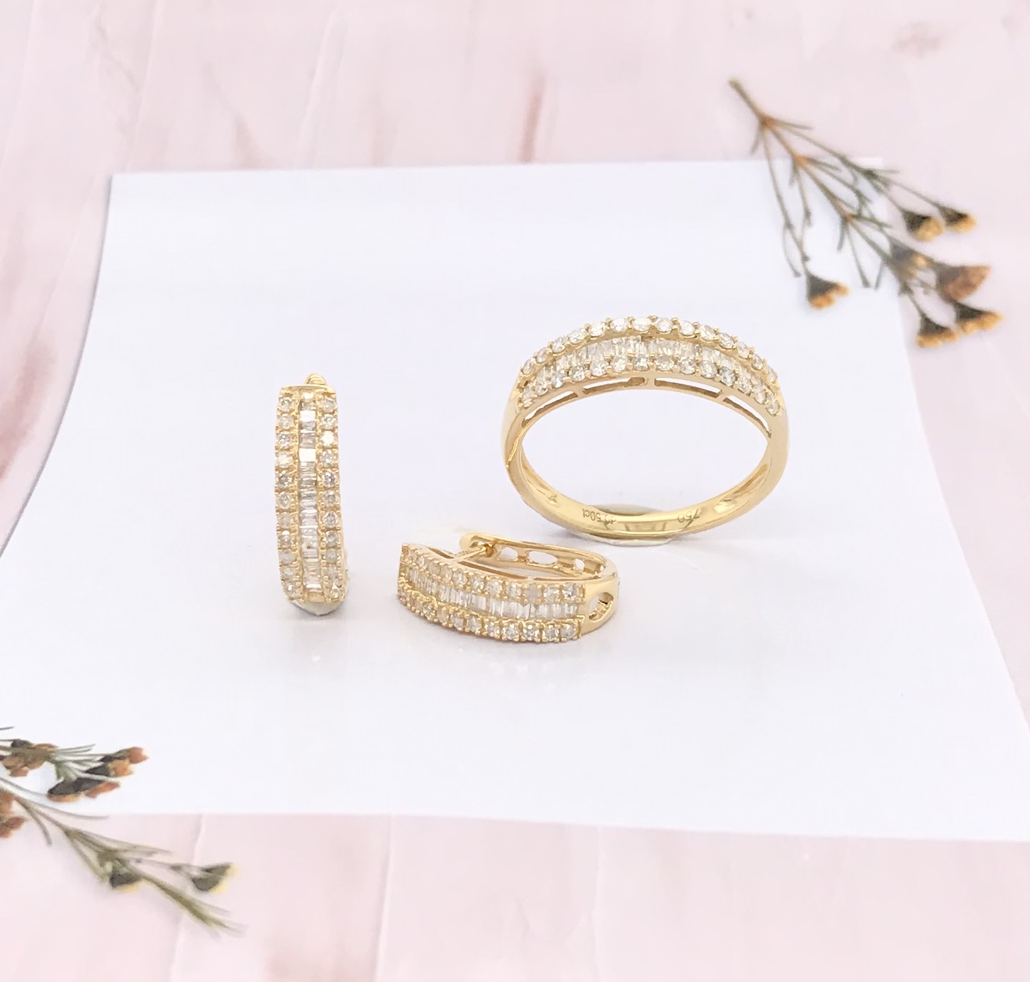 1.00 CTW Diamond Clip Earrings & Ring Set 18k Yellow Gold JS33