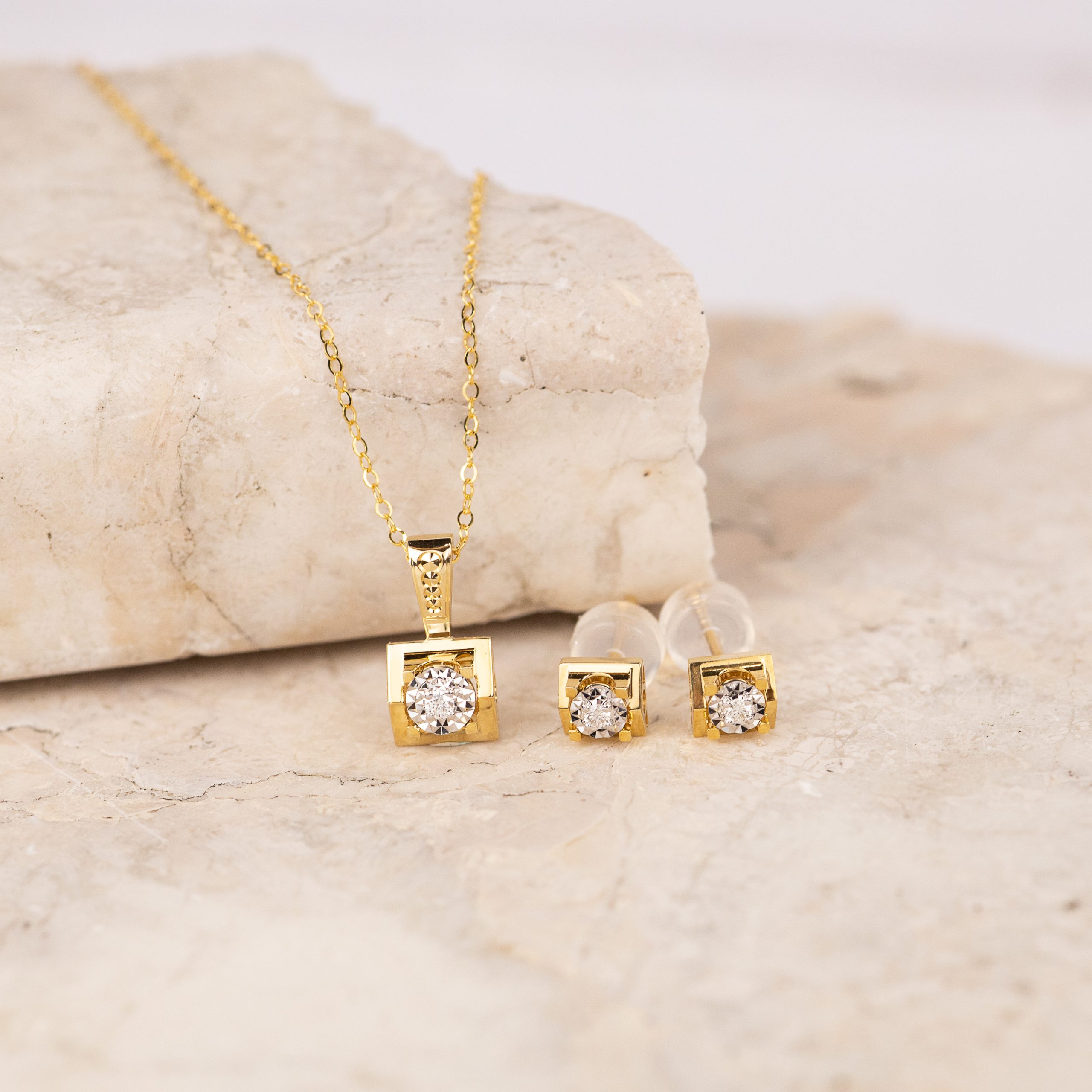 .053 CTW Diamond Earrings & Necklace 18k Twotone Gold JS107-YG