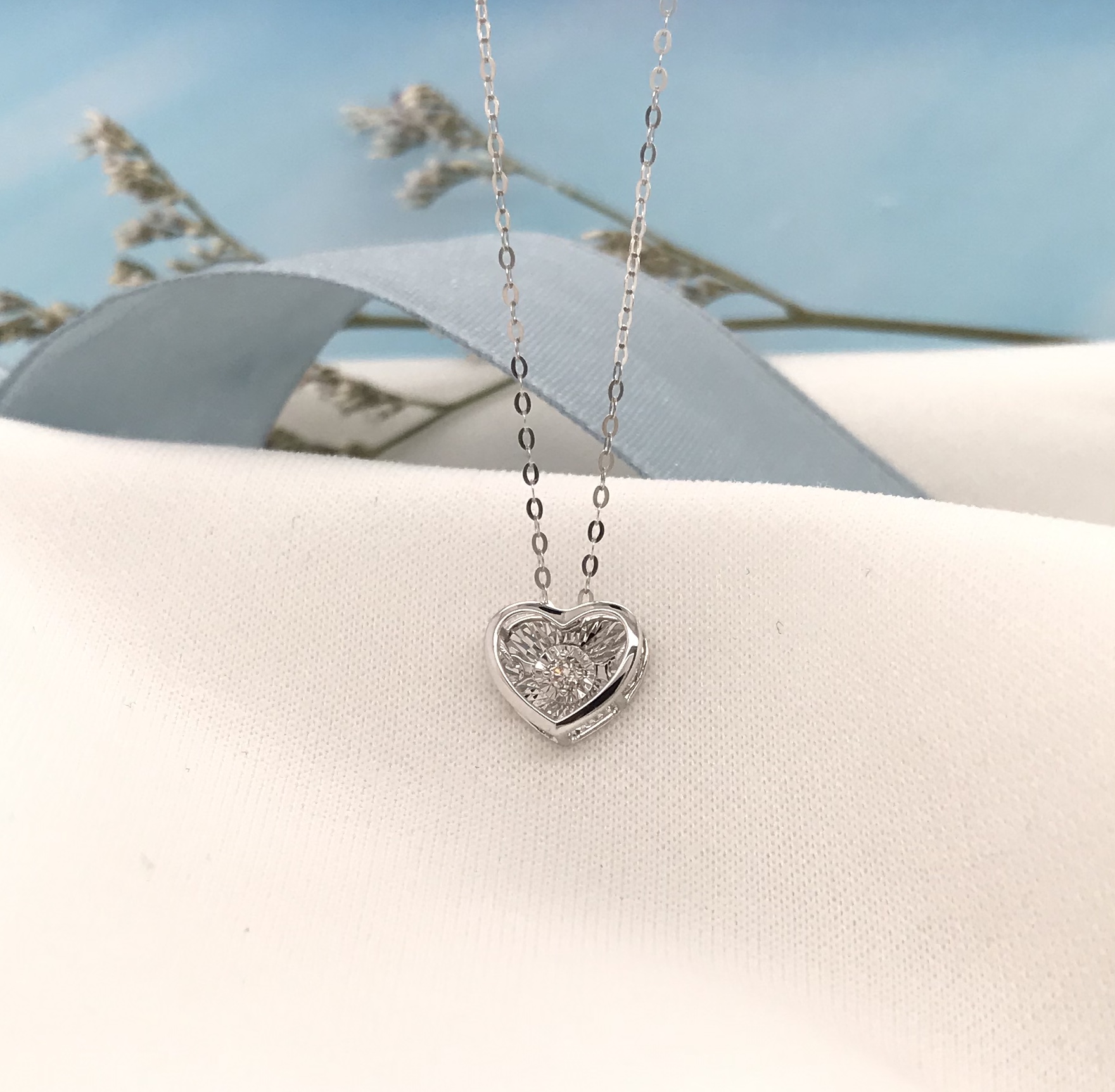 .02 Carat Dancing Diamond Heart Necklace 18K White Gold DDN01