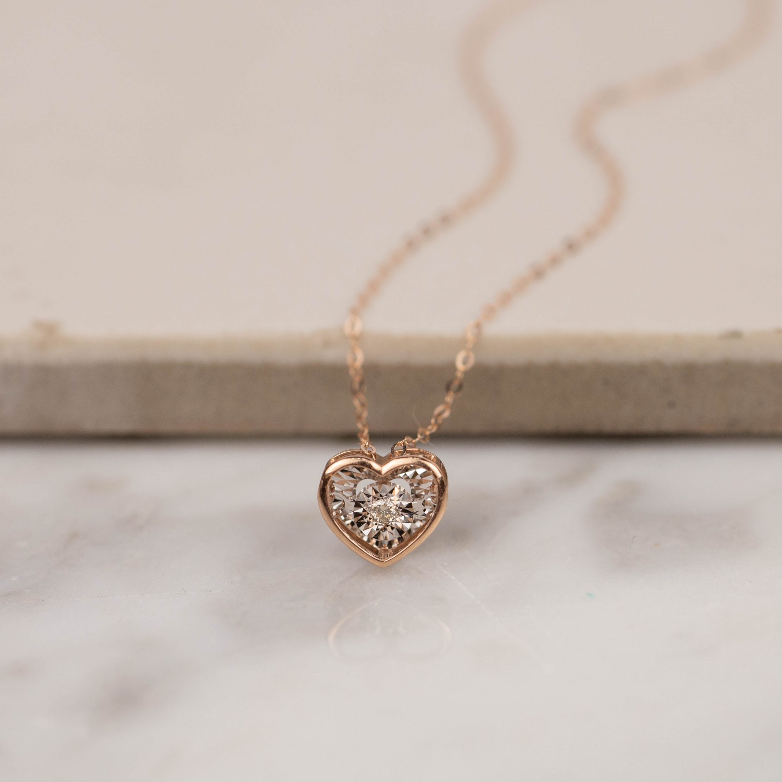 .02 Carat Dancing Diamond Heart Necklace 18K Rose Gold DDN02