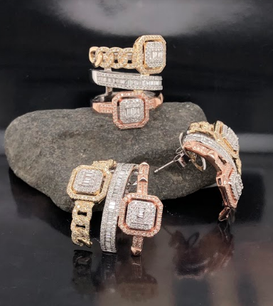 2.65 CTW Diamond Earrings & Ring Set 14k Tricolor Gold JS150