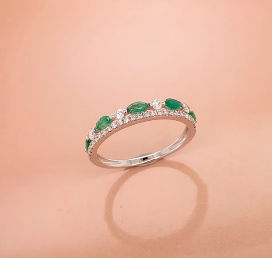 .34 CTW Emerald w/ .25 CTW Diamond Half Eternity Ring 18k White Gold HE314