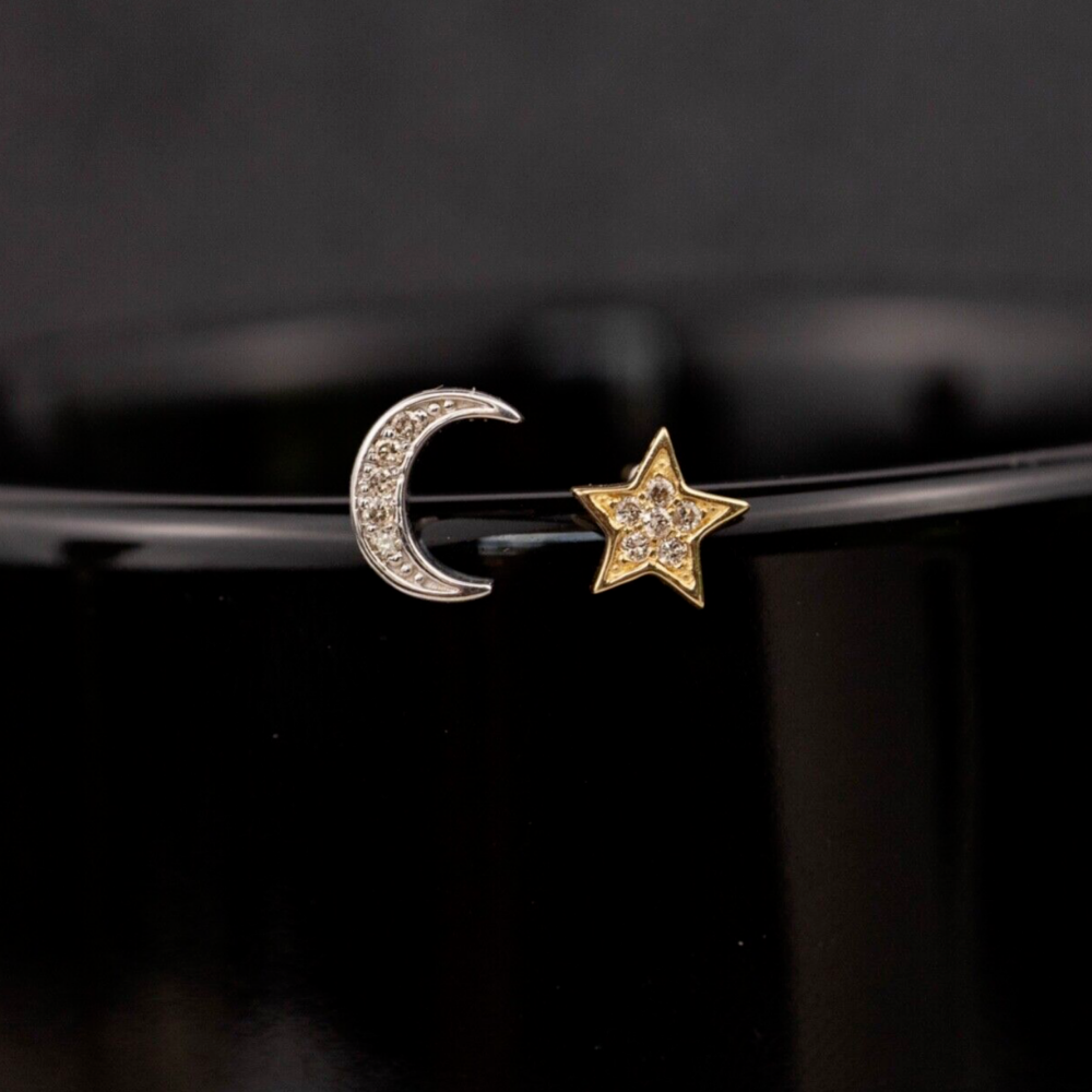 .04 CTW Diamond Moon & Star Earrings 18k Twotone Gold E809-1