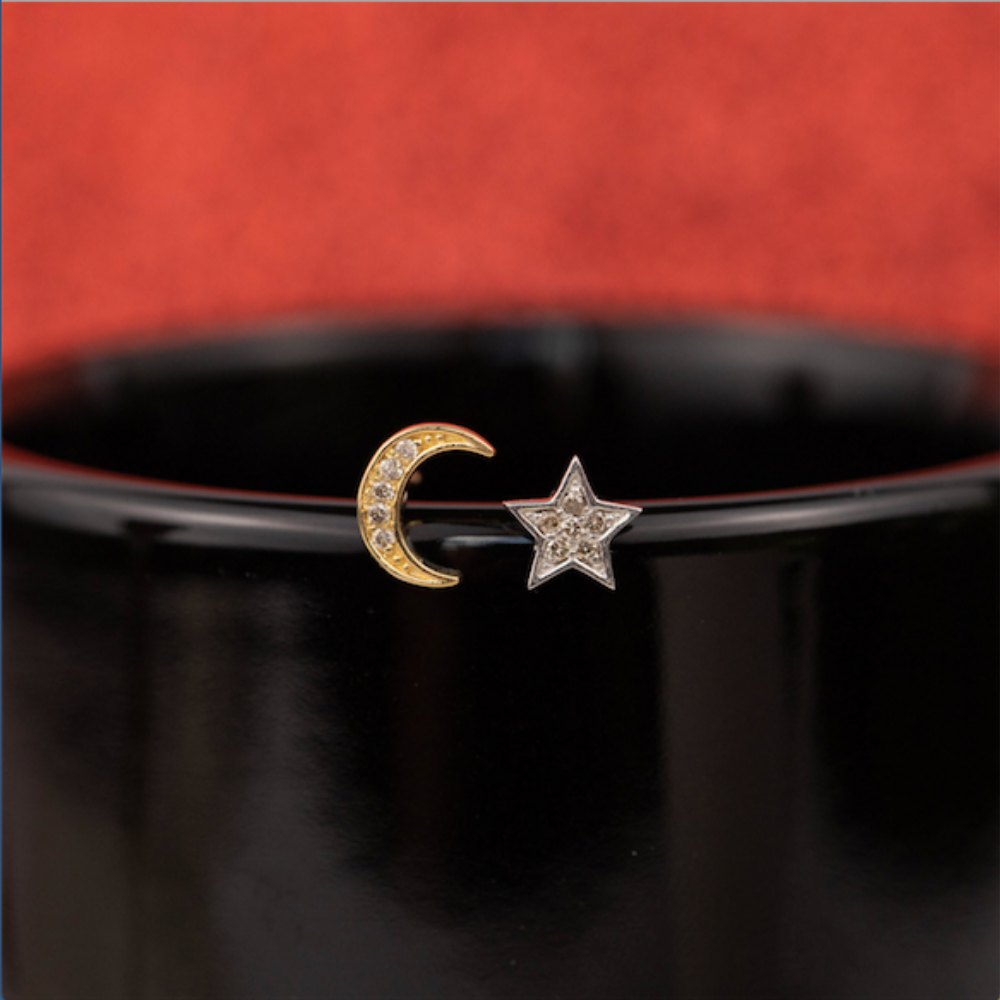 .04 CTW Diamond Moon & Star Earrings 18k Twotone Gold E809-2