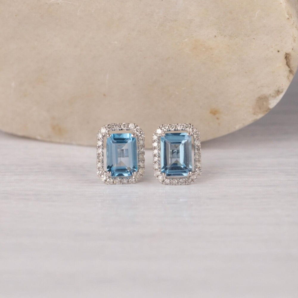 2.30 CTW Blue Topaz w/.26 CTW Diamond Earrings 18k White Gold JS171E