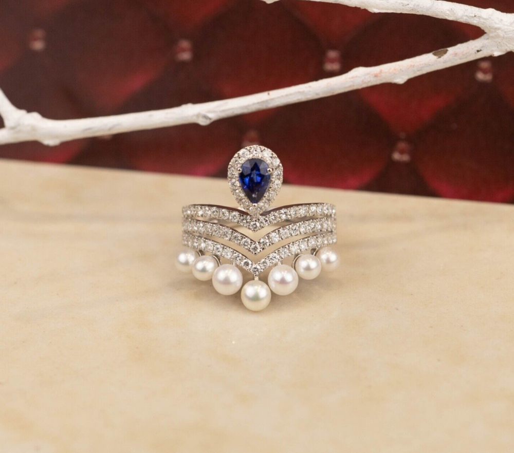 .70 CTW Diamond w/Blue Sapphire & Pearl Ring 18k White Gold R238
