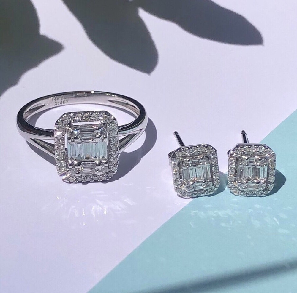 .462 CTW Diamond Earrings & Ring Set 14k White Gold JS03