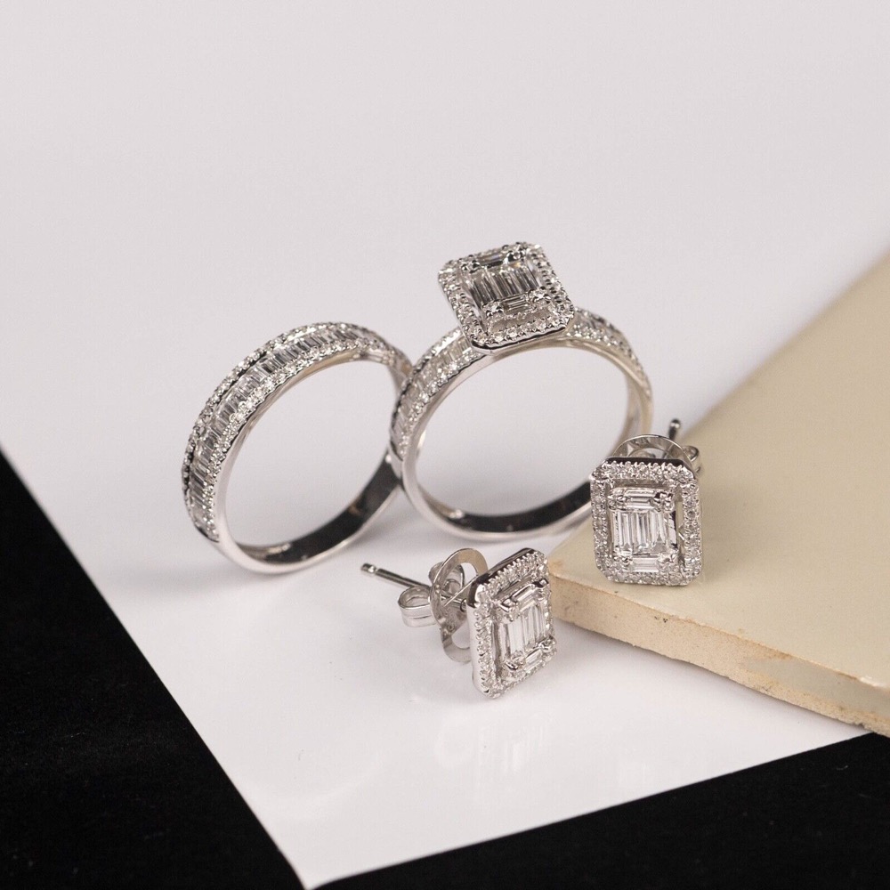1.89 CTW Diamond Earrings,HalfEternity&Engagement Ring Set 14k WhiteGold JS94