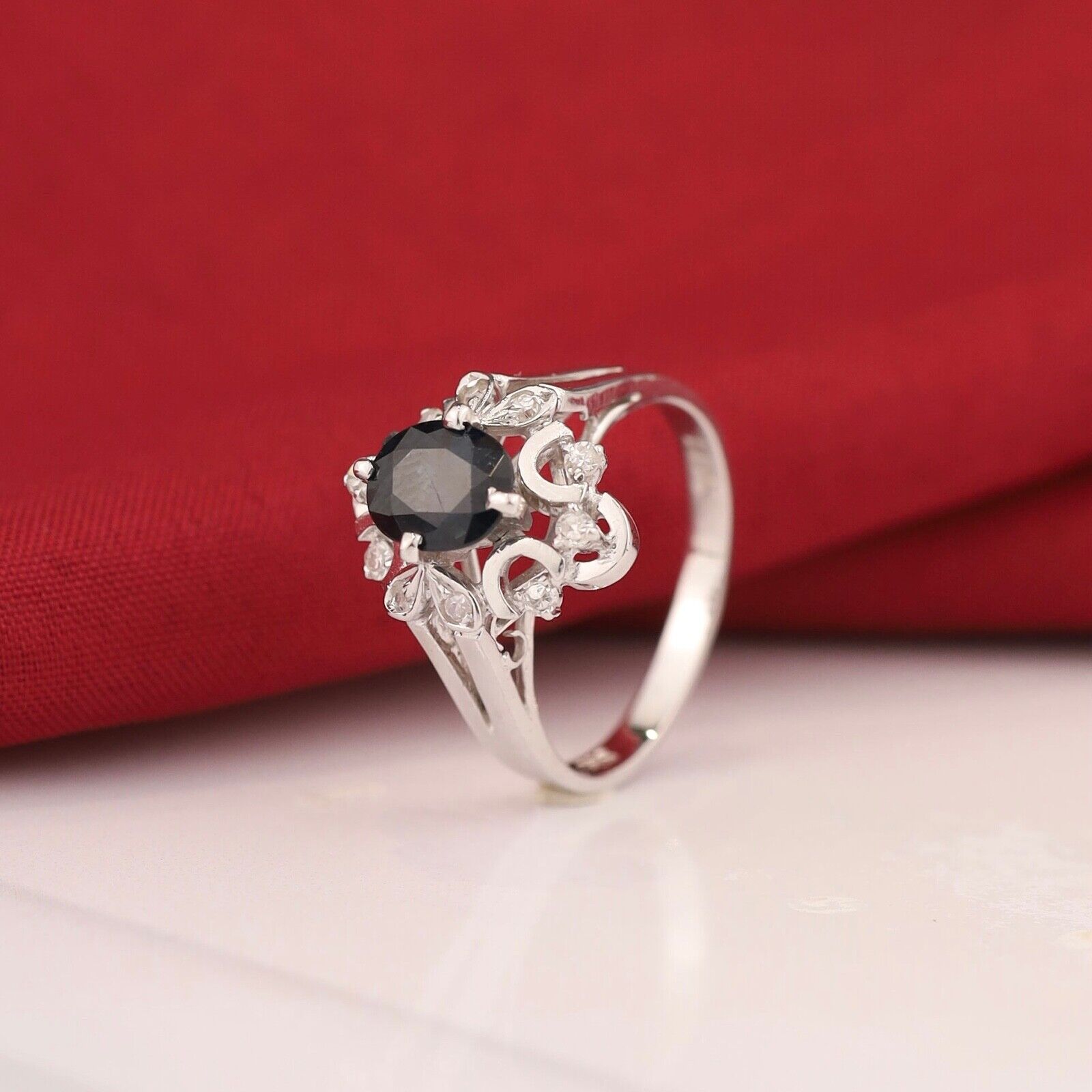 .25 CTW Diamond Ring with 1.35 Carat Blue Sapphire 14k White Gold R68 sep