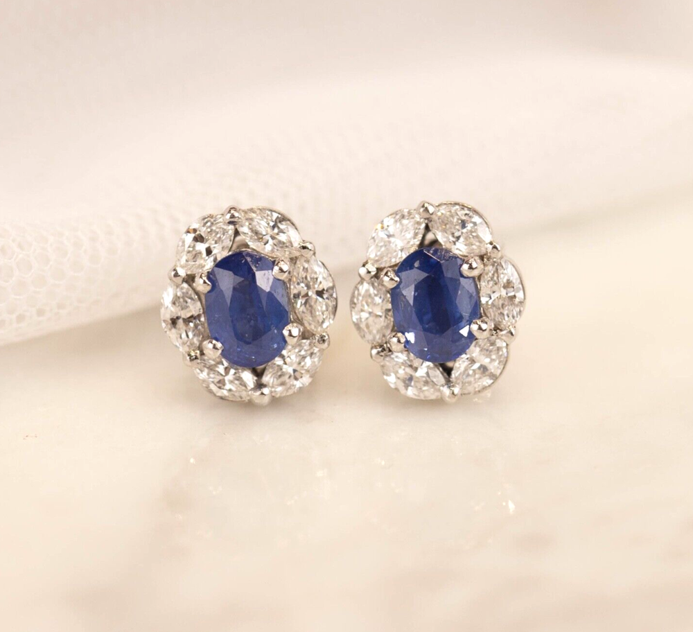 1.77 CTW Blue Sapphire w/1.10 CTW Diamond Earrings 18k White Gold E942