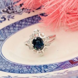.25 CTW Diamond Ring with 1.35 Carat Blue Sapphire 14k White Gold R68