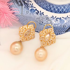 2.10 Carat Diamond Yellow Gold Detachable Dangling Pearl Earrings 14K E326 sep