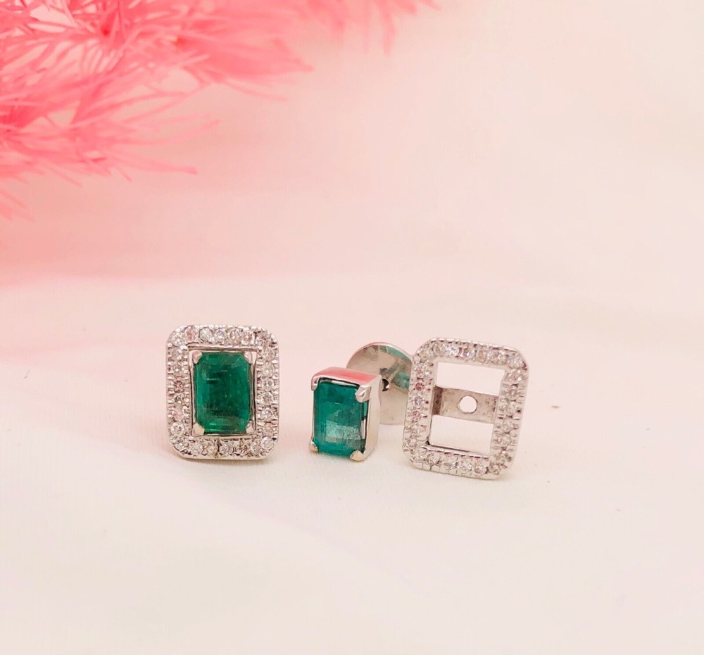 .82 Carat Emerald with .38 CTW Diamond Detachable Earrings 14K White Gold E162
