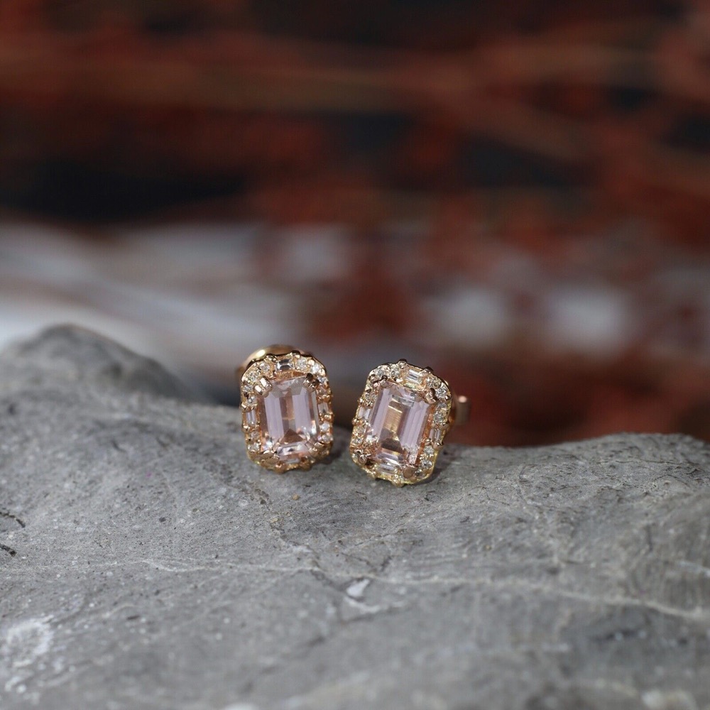 1.10 Carat Morganite w/ .22 CTW Diamond Earrings 18k Rose Gold E575