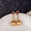 .87 CTW Diamond w/Pearl Dangling Earrings 14k Yellow Gold E785