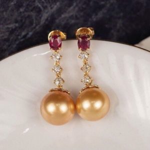 .87 CTW Diamond w/Pearl Dangling Earrings 14k Yellow Gold E785