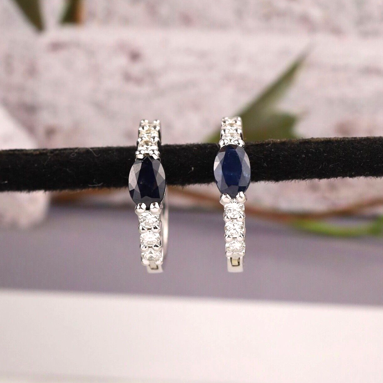 1.17 CTW Blue Sapphire w/.48 CTW Diamond Creole Earrings 14K White Gold E985