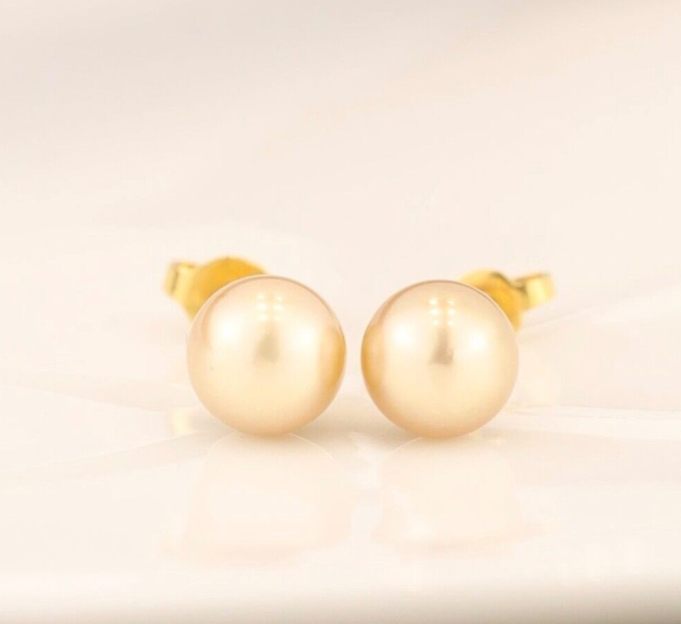 7.1mm & 7mm Golden South Sea Pearl Earrings 14k Yellow Gold E674-1