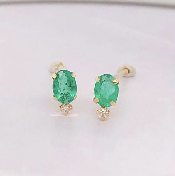 .30 CTW Emerald w/ .02 CTW Diamond Stud Earrings 18k Yellow Gold E579Y