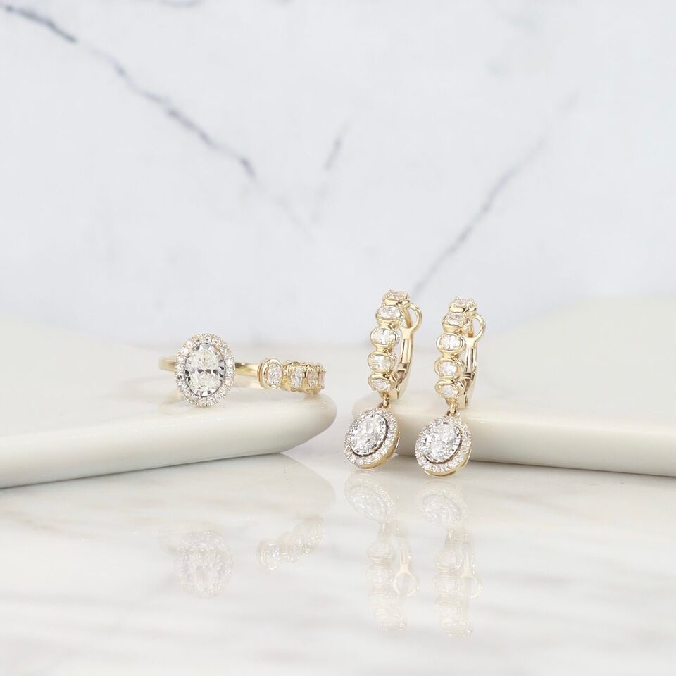 1.28 CTW Diamond Dangling Earrings & Ring Set 14K Yellow Gold JS245-YG