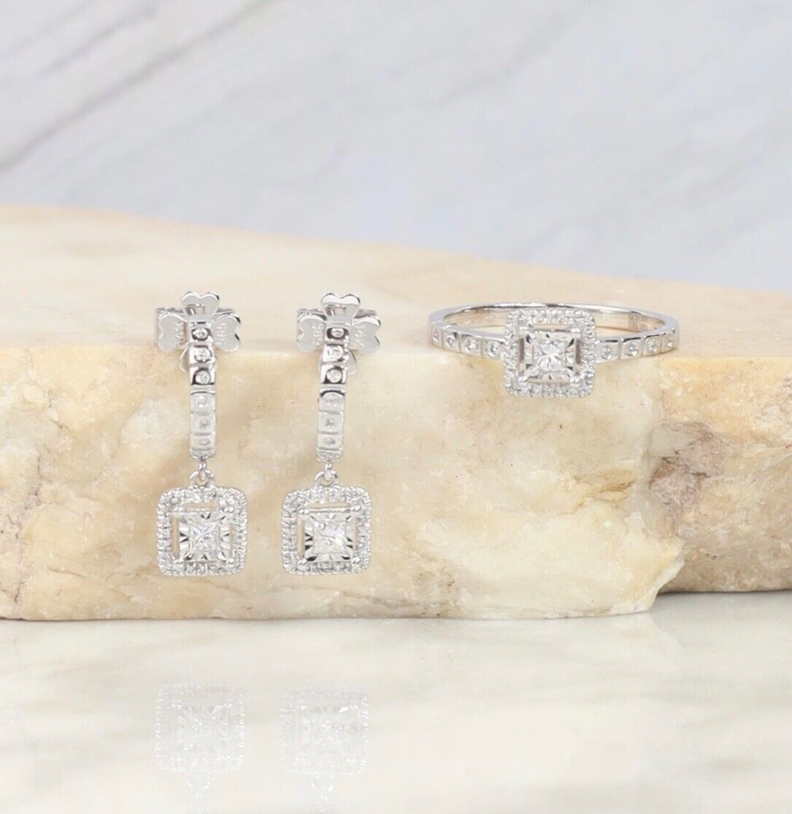 .438 CTW Diamond Dangling Earrings & Ring Set 14K White Gold JS230-WG