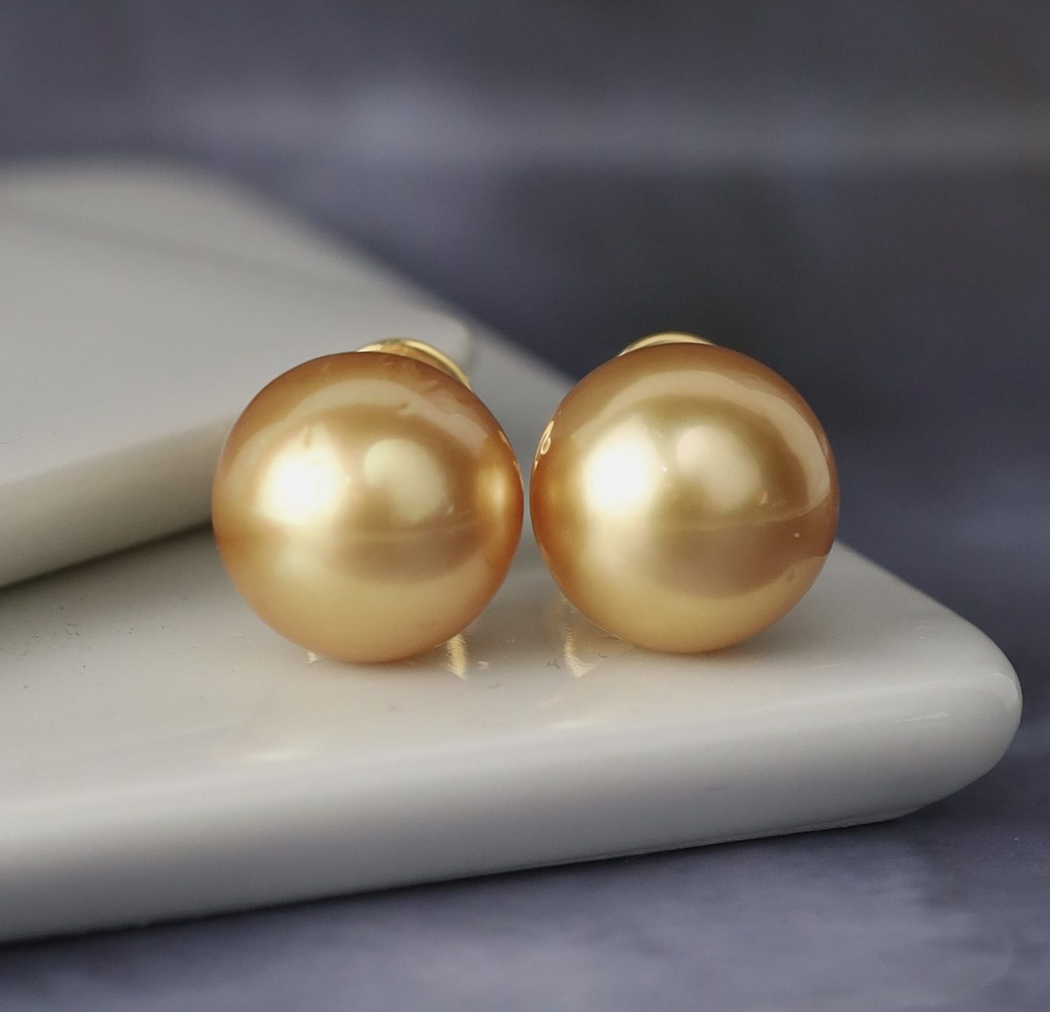                                                                                                                                                                                                                                    12.3mm Golden South Sea Pearl Stud Earrings 14K Yellow Gold E0160-1 YG