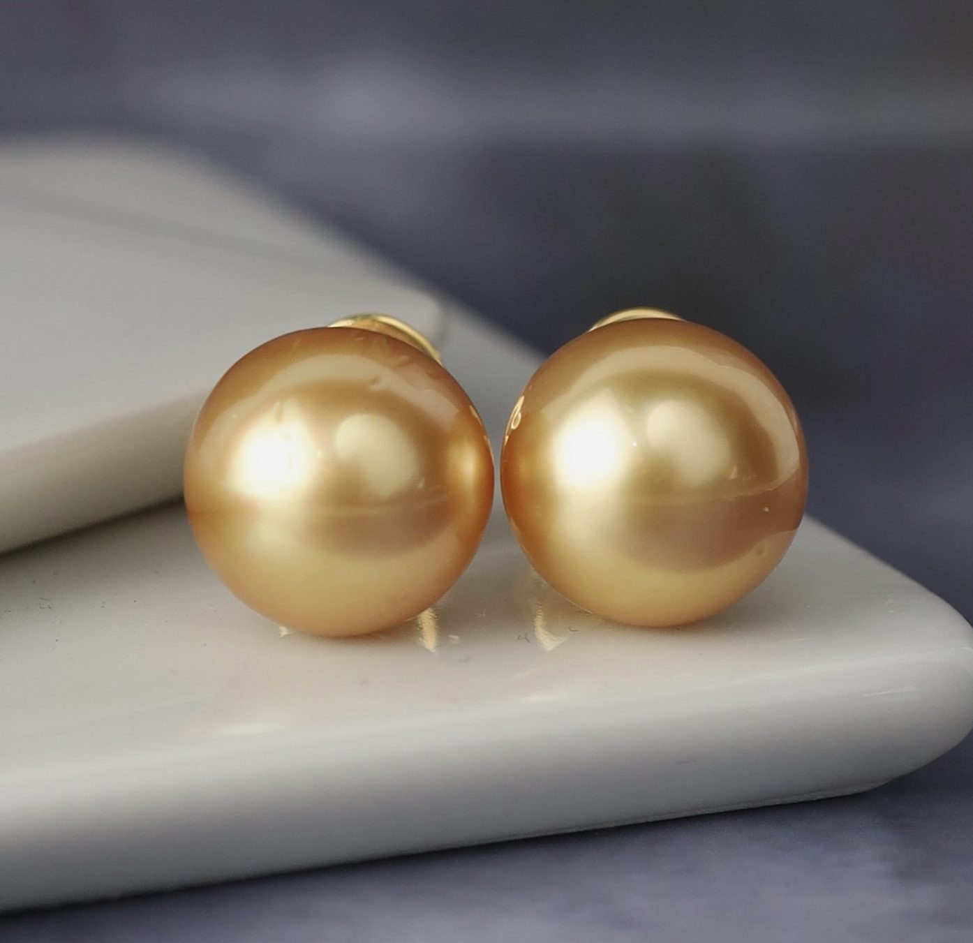 12.4mm & 12.5mm Golden South Sea Pearl Stud Earrings 14K Yellow Gold E0160-YG