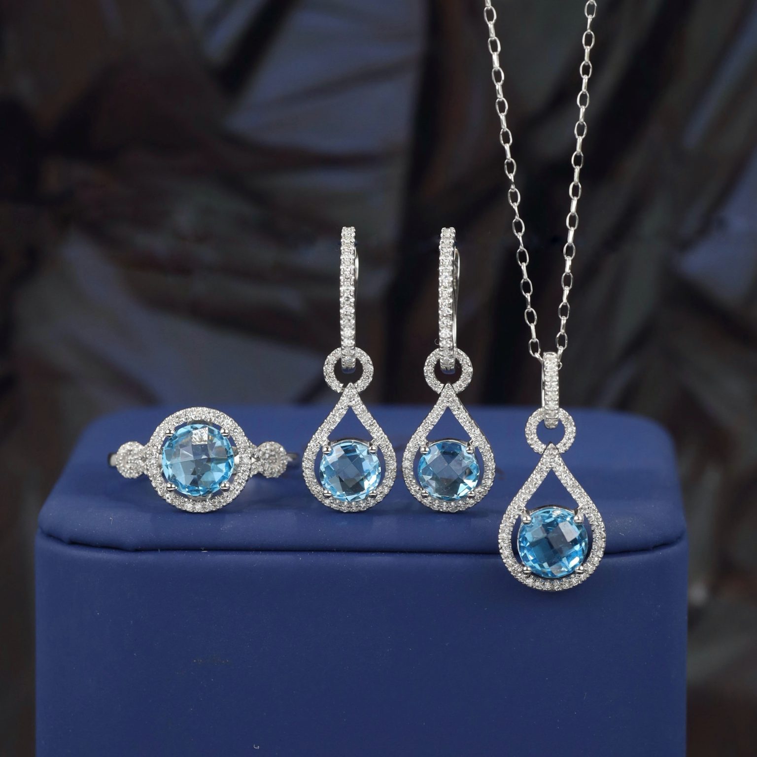 Topaz Diamond Necklace, Ring Dangling Earrings Jewelry Set 14K White  Gold JS253-WG
