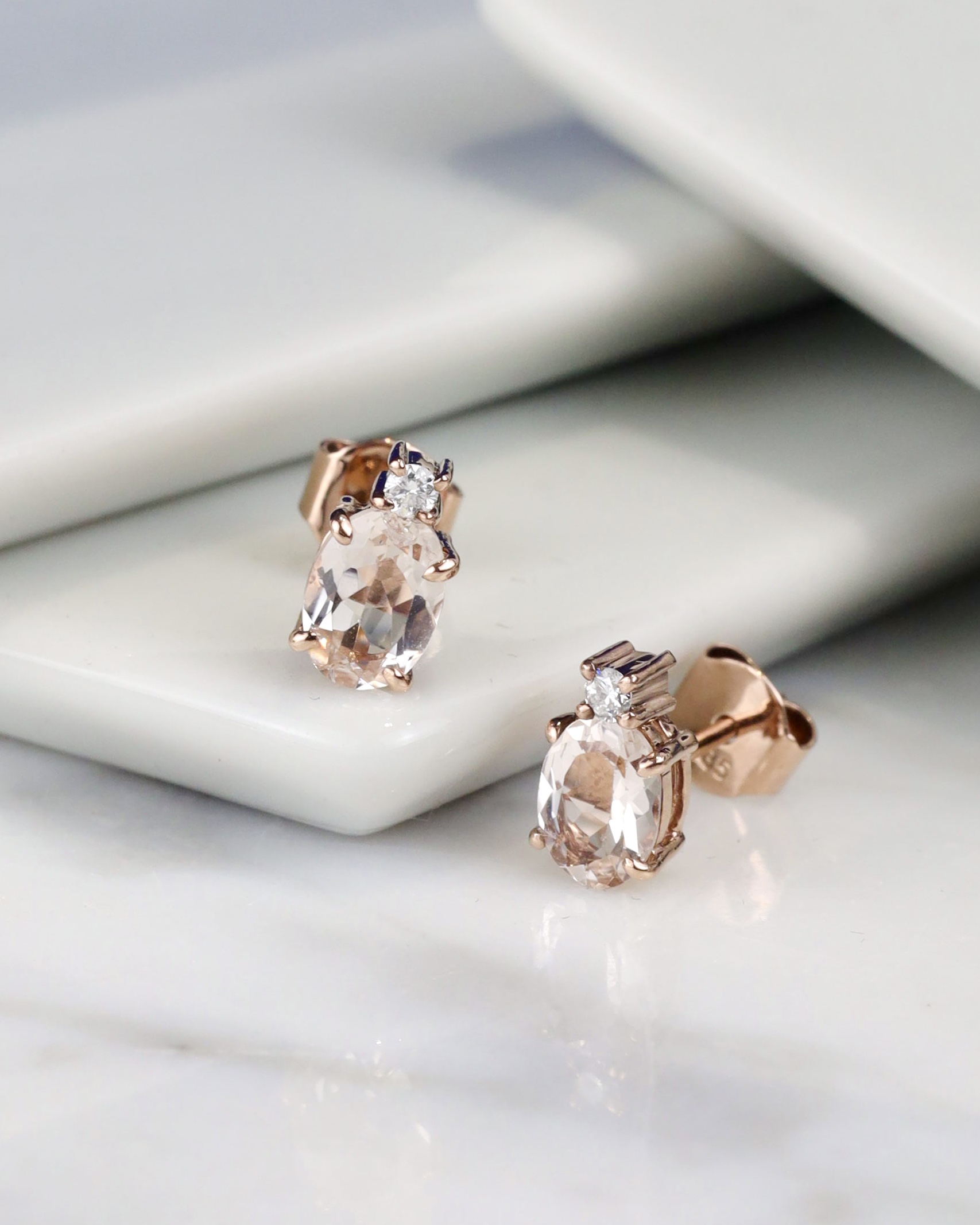 1.42 CTW Morganite w/ .06 CTW Diamond Stud Earrings 14K Rose Gold E750